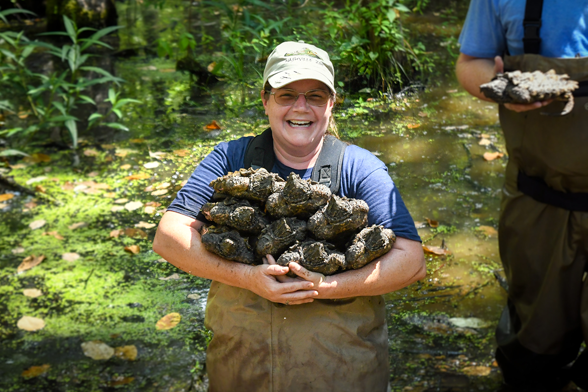 man holding snapping turtles